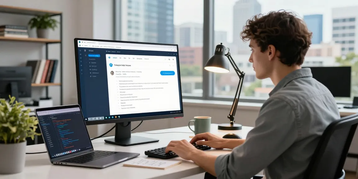 Engaged developer using Telegram Web Version on a dual monitor setup in a modern workspace.