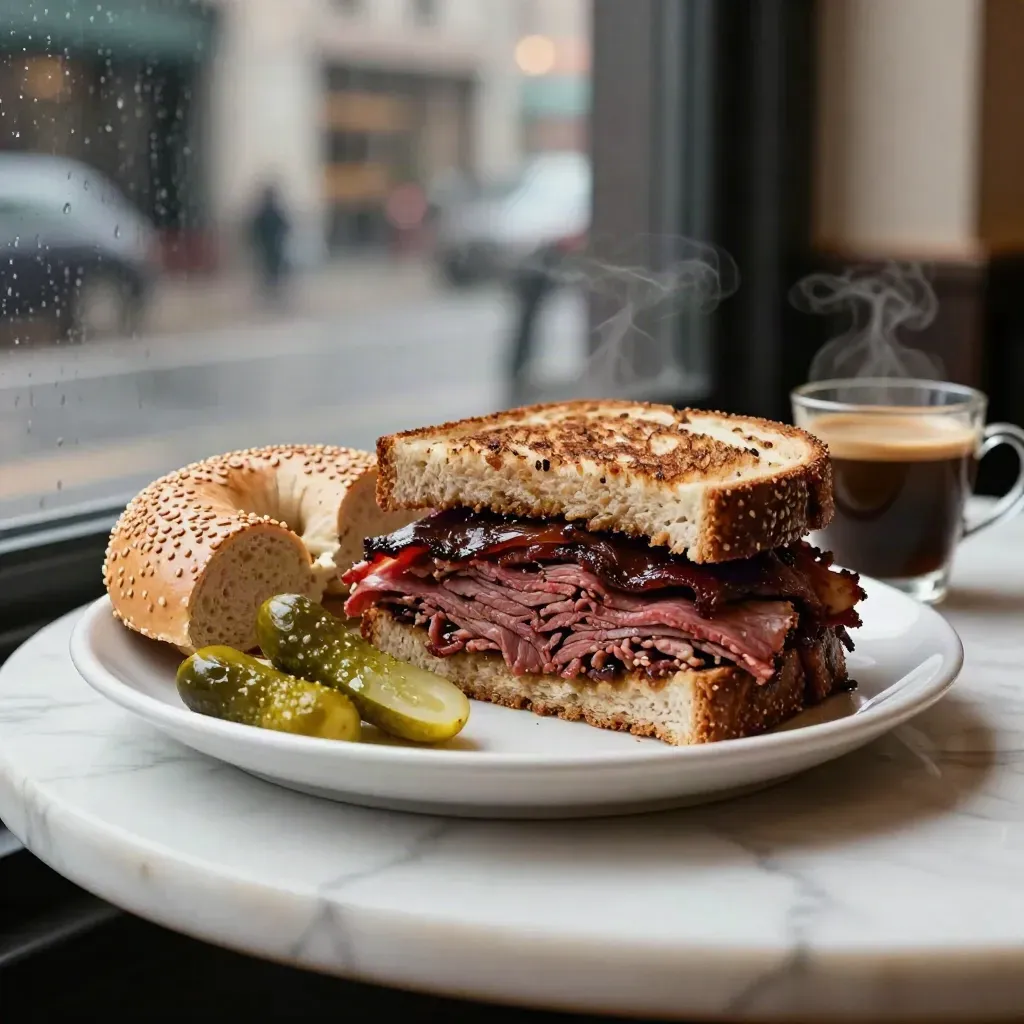 Steaming Montreal smoked meat sandwich with bagel, pickles, and espresso by rainy café glass