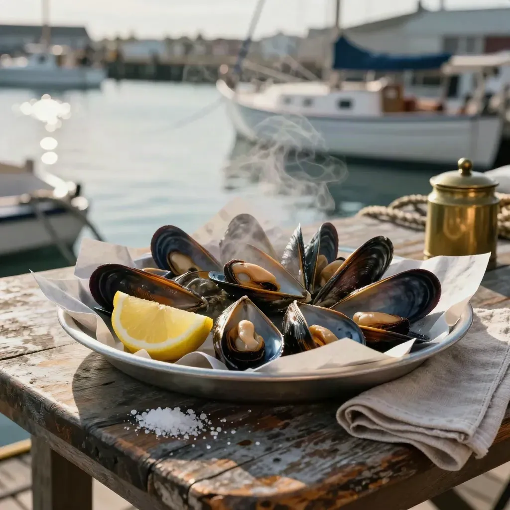 Steam rises from mussels beside moored boats on a quiet Atlantic dock.