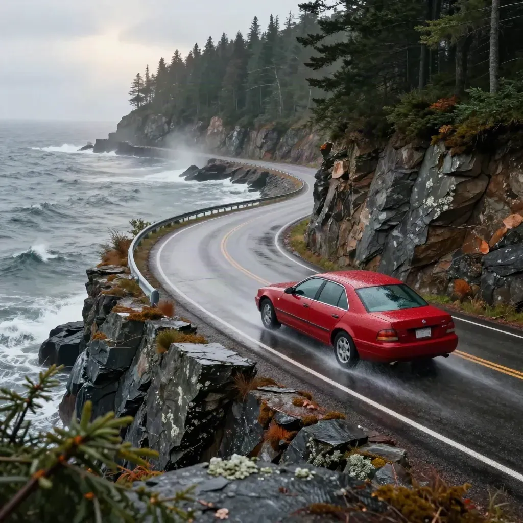 Maple-red car sweeps a wet cliffside curve above Lake Superior