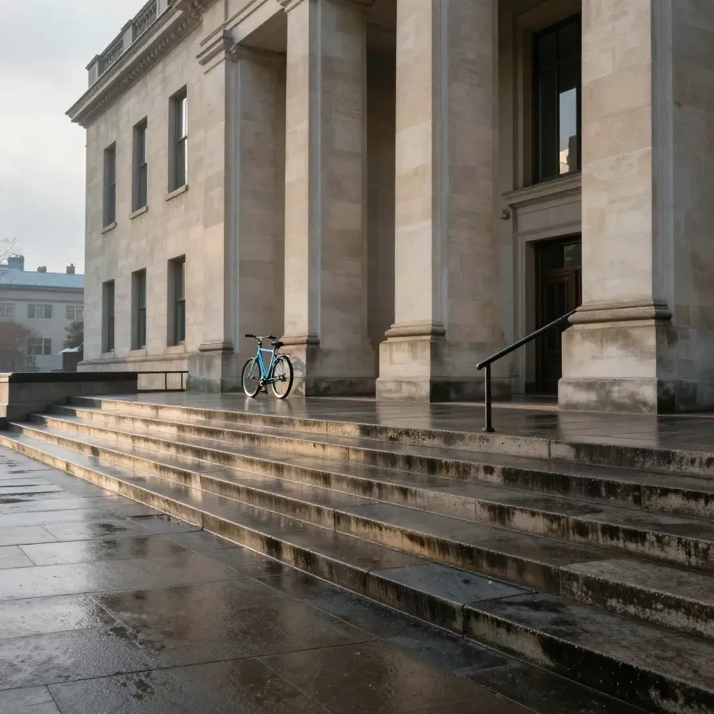 Ottawa museum façade with broad steps, wet stone, and a locked bike under clearing clouds.