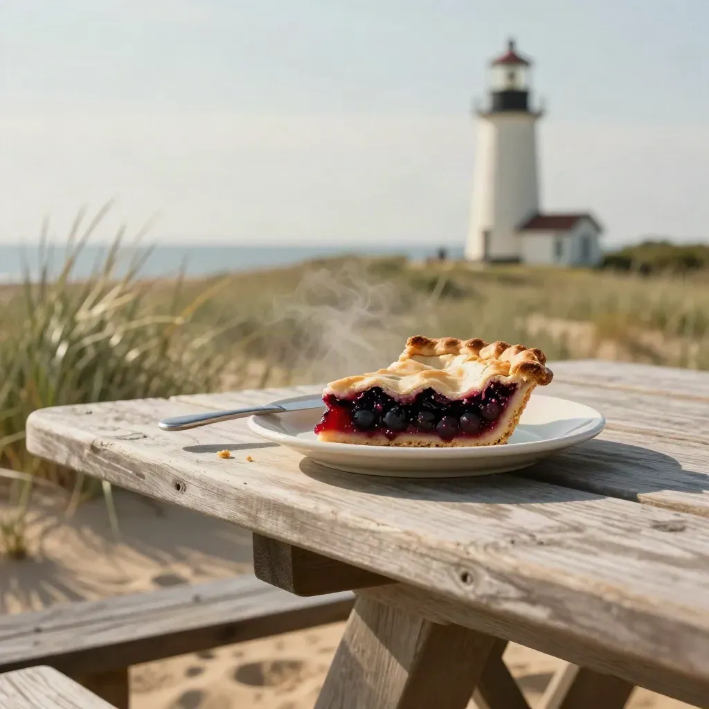 Pie on a picnic table with dune grass and a lighthouse blurred over the bluff.